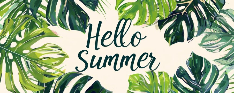 Green summer leaves and plants background with text "Hello Summer" Generative AI