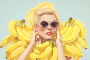 Beautiful girl in stylish sunglasses on pastel background with banana fruits. Retro style