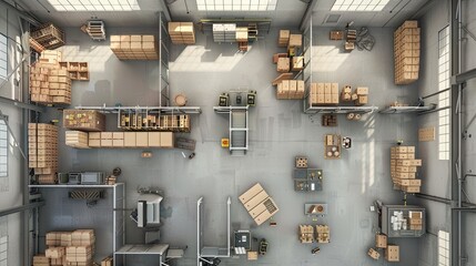 detailed, photo-realistic floor plan of a warehouse interior with top-down view, showcasing the entrance, crates, and offices. Optimized for efficient logistics and productivity - 775230454