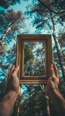 Hands holding a wooden frame against forest background