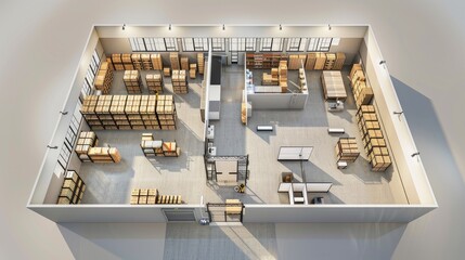 detailed, photo-realistic floor plan of a warehouse interior with top-down view, showcasing the entrance, crates, and offices. Optimized for efficient logistics and productivity