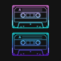 Obraz premium Neon retro audio blue cassette tape, a vector illustration set. Isolated on the black background