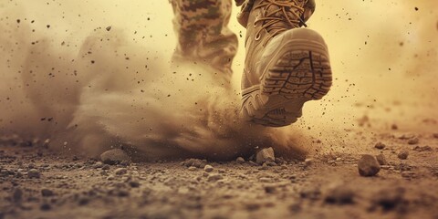 Dust rises as a boot impacts the ground, a testament to movement and force - obrazy, fototapety, plakaty