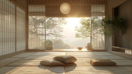 Minimalistic zen japanese tea room with tatami mats and soft window light, high res photography