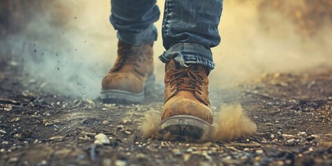 Each step a statement a boots impact on the ground sends dust swirling