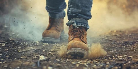 Fotobehang Each step a statement a boots impact on the ground sends dust swirling © ParinApril