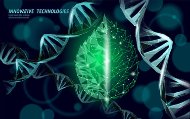 Plant leaf biotechnology abstract concept. 3D render seedling tree leaves DNA genome engineering vitamin supplement. Medical science life eco polygon triangles low poly vector illustration