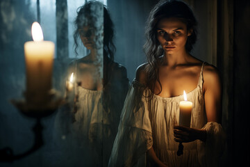 Fototapeta premium Haunted woman in a tattered nightdress, in flickering candlelight. Generative AI