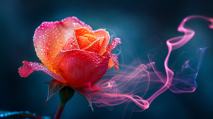 Macro shot of a red rose with dew drops, symbolizing love and romance in a beautiful natural setting