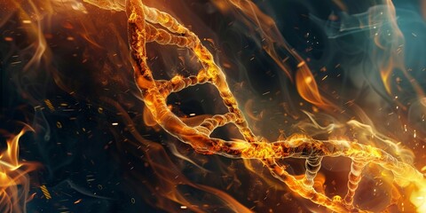 Fire spirals around a DNA helix, illuminating the fiery essence of genetics - obrazy, fototapety, plakaty