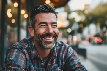 Portrait of handsome mature man in checkered shirt smiling and looking at camera in the city.