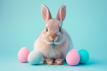 Fototapeta na wymiar Easter concept. Holiday celebration. Cute easter bunny. Rabbit with pastel easter eggs, isolated on blue background. 