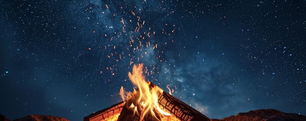 Campfire under starry night sky