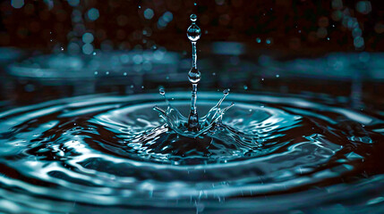 Macro of a water drop creating ripples, purity and freshness in blue liquid