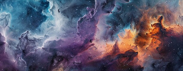 In the cosmic dance of nebulae, space dust and colors fuse in abstract beauty - obrazy, fototapety, plakaty