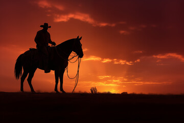 Lone cowboy riding horse silhouetted against a blazing sunset. Generative AI