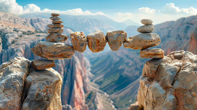 A bridge built of interlocking stones, each representing an act of integrity, spanning a chasm with space for messages on connection and trust