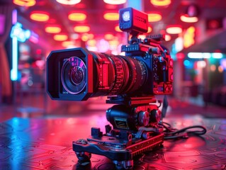 Video camera recording in a neon-lit arcade - obrazy, fototapety, plakaty