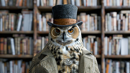 A 3D-rendered world where owls wear monocles and top hats, each feather intricately patterned like the finest tweed, symbolizing wisdom and elegance in an enchanted library setting