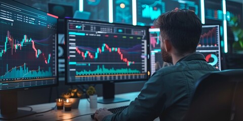 Intense monitoring of the stock market, where analysis and graphs meet to predict the future - obrazy, fototapety, plakaty