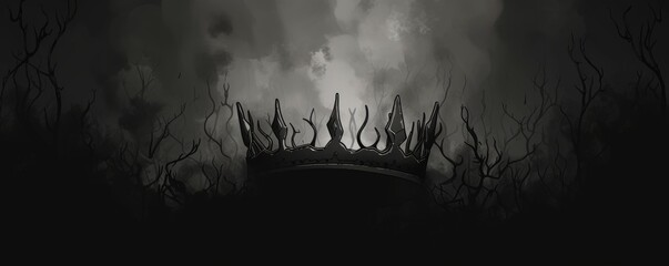 Silhouette of a crown with twisted branches against a cloudy sky - obrazy, fototapety, plakaty