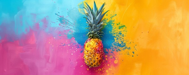 Pineapple with colorful paint splashes - obrazy, fototapety, plakaty