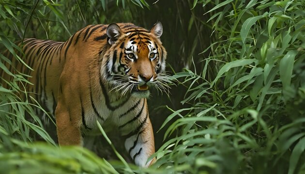 A Tiger Emerging From A Dense Thicket