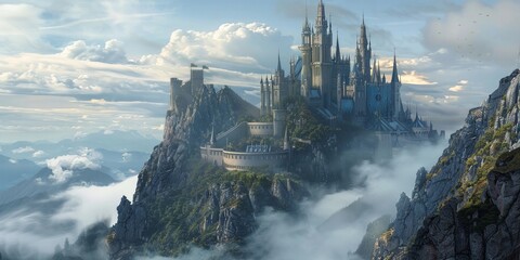 Fototapeta premium Mystical and majestic, a fantasy castle rises from the mountain, touching the clouds