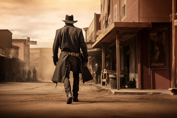 Cowboy wearing coat and hat walking across the street holding a gun. Generative AI