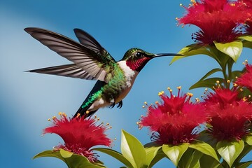 Hummingbird soaring to the lovely blossom's nectar source. Digital artwork


