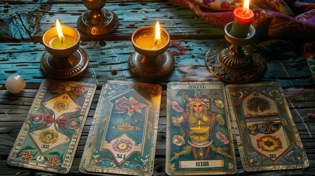 Tarot reader collects tarot cards. Tarot cards face down on a table next to burning candles.