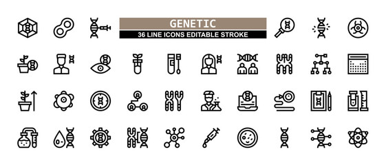 36 Genetic Line Icons Set Pack Editable Stroke Vector Illustration. - obrazy, fototapety, plakaty