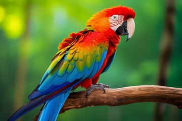 Fototapeta premium Colorful parrot perched on a wooden branch. Generative AI