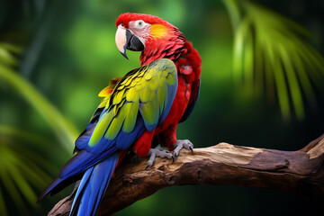 Parrot perched on a wooden branch, its feathers a brilliant array of vibrant colors as it chirps happily. Generative AI