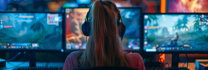 Focused Female Gamer Playing Online Game in a Room with Multiple Monitors