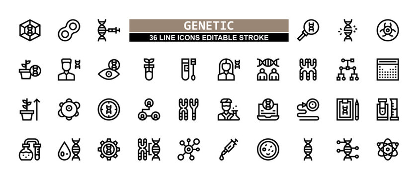 36 Genetic Line Icons Set Pack Editable Stroke Vector Illustration.