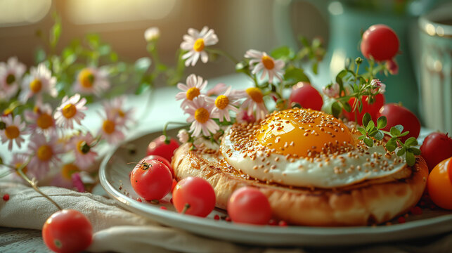 A dish featuring eggs, tomatoes and edible flowers on a table