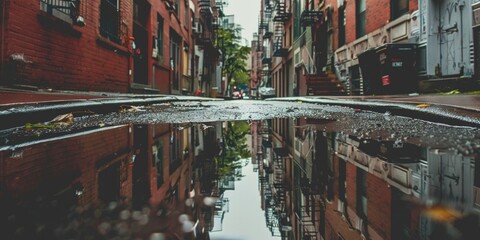 Puddle reflections in a narrow alley, the essence of gloom in the urban landscape - obrazy, fototapety, plakaty