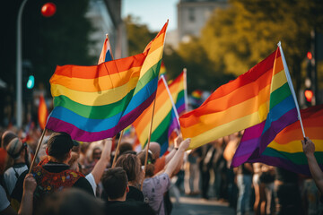 Peaceful demonstration in support of LGBTQ rights, with colorful flags waving. Generative AI - obrazy, fototapety, plakaty