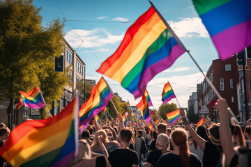 Peaceful demonstration in support of LGBTQ rights, with colorful flags waving. Generative AI - obrazy, fototapety, plakaty