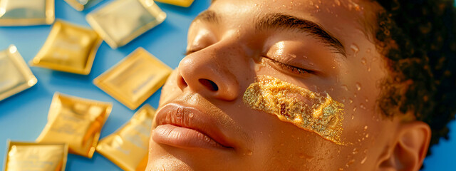 Luxury skincare and beauty treatment, woman with golden facial mask, wellness and spa concept