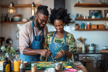 Fototapeta premium Joyful Couple Painting Together in a Home Workshop