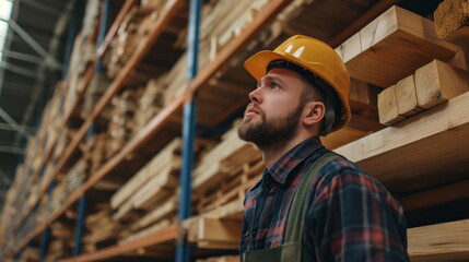 man wearing a hard hat stands in front of neatly stacked lumber, inspecting the materials in a lumberyard setting