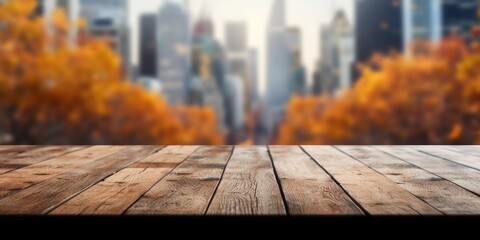 The empty wooden table top with blur background of business district and office building in autumn. Exuberant image. generative ai - obrazy, fototapety, plakaty