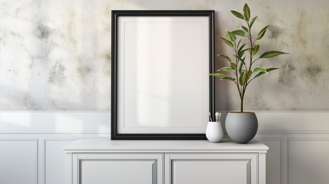 Mock up poster frame on cabinet in interior, contemporary living room featuring a lush plant and a sleek picture frame on the wall