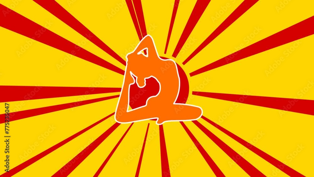 Poster yoga stretching pose symbol on the background of animation from moving rays of the sun. large orange