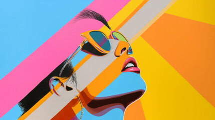 Stylish woman poses with reflective sunglasses, a colorful backdrop creating a dynamic, abstract effect