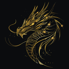 Gold glittery lines chinese dragon silhouette pattern background illustration with glowing blinking, glitter. Shiny beautiful textured dragon pattern for tattoo, emblem, logo, greeting cards, prints