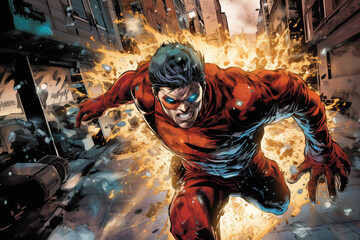 Obraz premium Superhero emerging from vibrant comic book panels. Generative AI