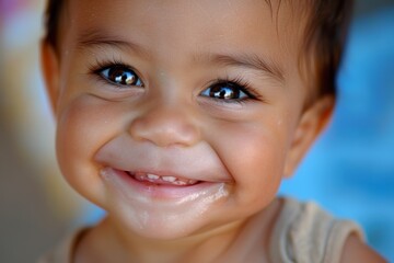 A close-up image of a smiling infant, captivating with tenderness and joy - obrazy, fototapety, plakaty